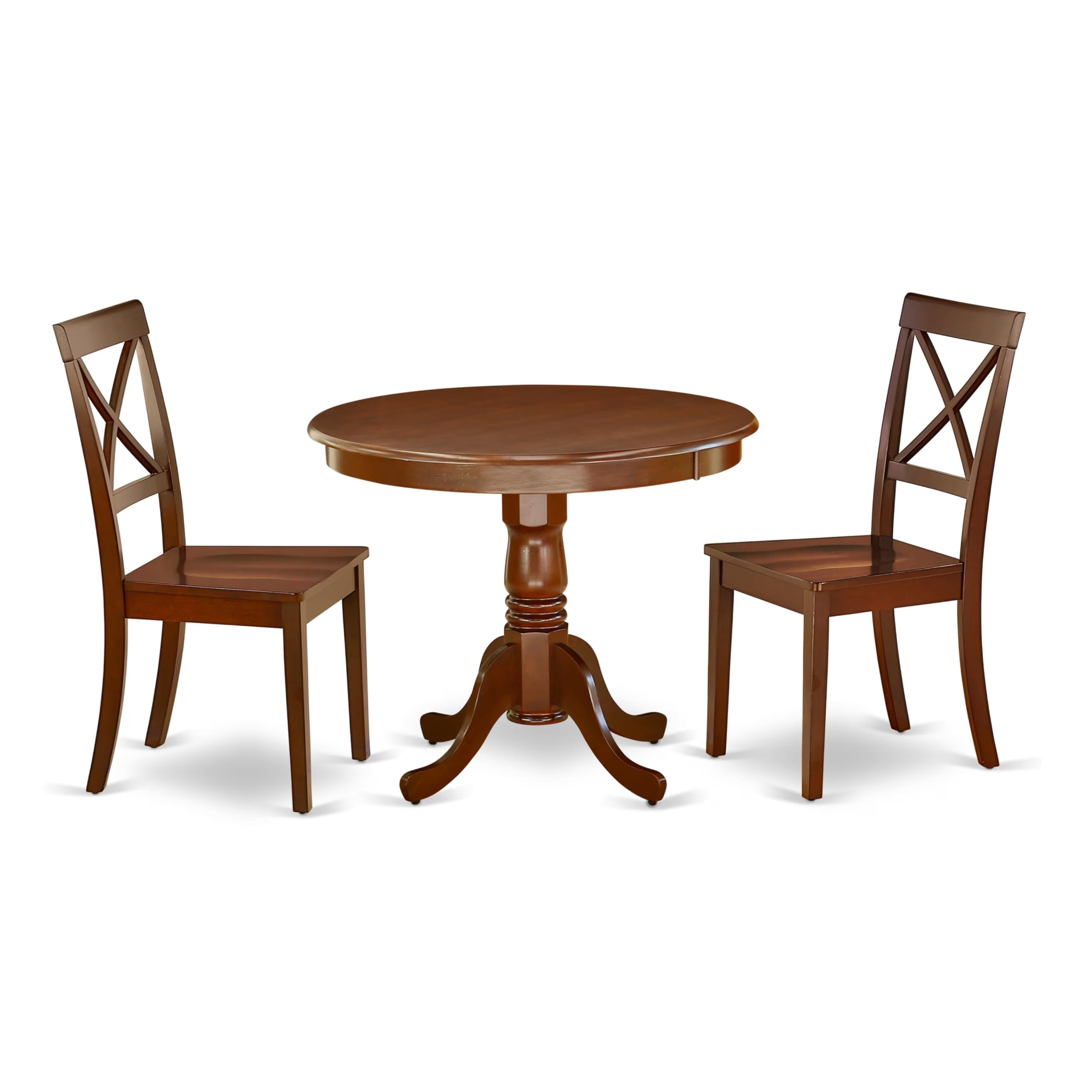 East West Furniture Anbo3-Mah-W 3 Piece Dining Set Contains A Round Kitchen Table With Pedestal And 2 Dining Chairs, 36X36 Inch, Mahogany